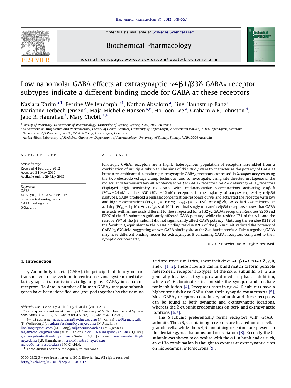 Low nanomolar GABA effects at extrasynaptic α4β1/β3δ GABAA receptor subtypes indicate a different binding mode for GABA at these receptors