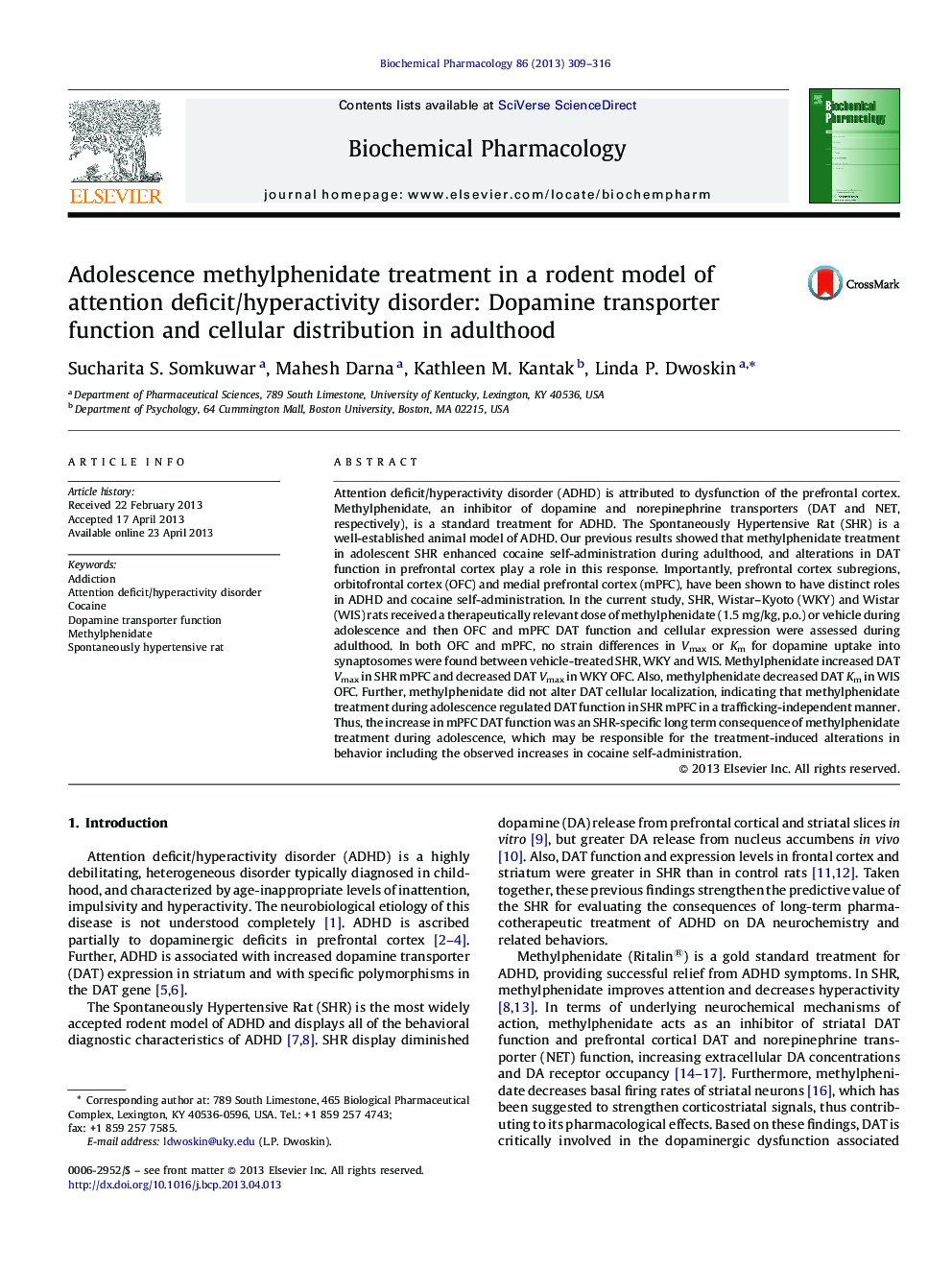 Adolescence methylphenidate treatment in a rodent model of attention deficit/hyperactivity disorder: Dopamine transporter function and cellular distribution in adulthood