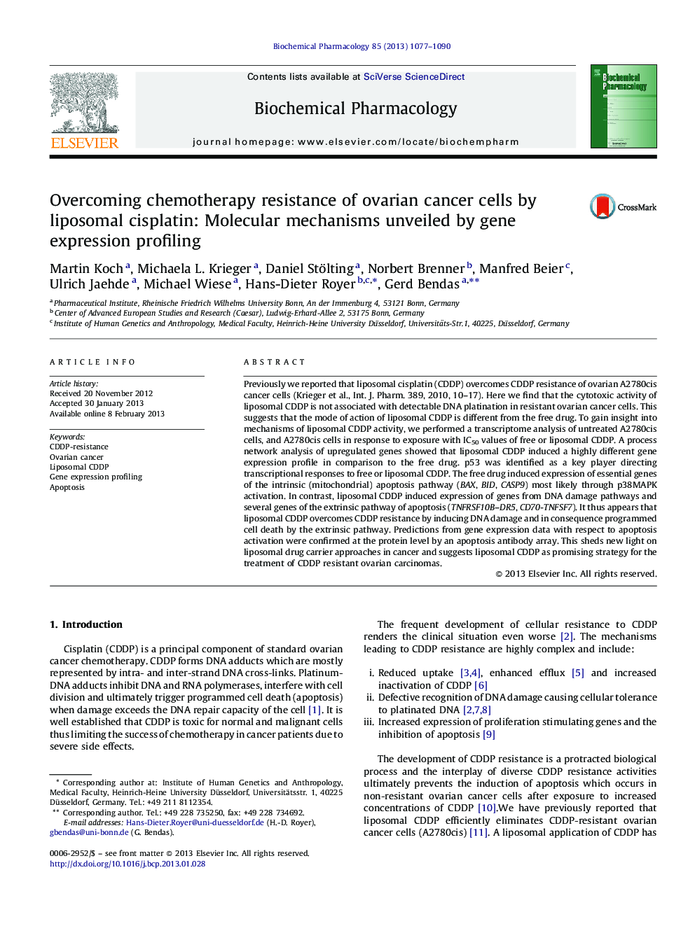 عکس صفحه اول مقاله: Overcoming chemotherapy resistance of ovarian cancer cells by liposomal cisplatin: Molecular mechanisms unveiled by gene expression profiling Overcoming chemotherapy resistance of ovarian cancer cells by liposomal cisplatin: Molecular mechanisms unveiled by gene expression profiling
