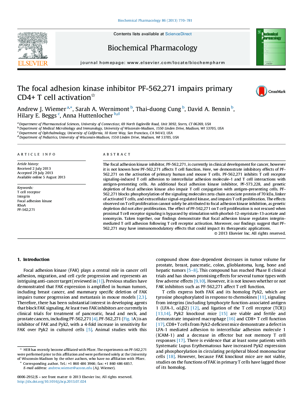 The focal adhesion kinase inhibitor PF-562,271 impairs primary CD4+ T cell activation 