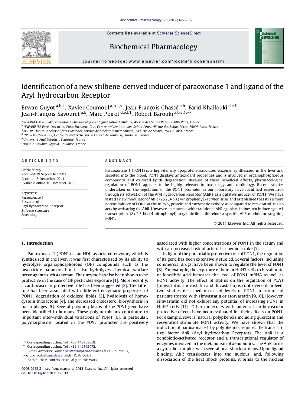 Identification of a new stilbene-derived inducer of paraoxonase 1 and ligand of the Aryl hydrocarbon Receptor