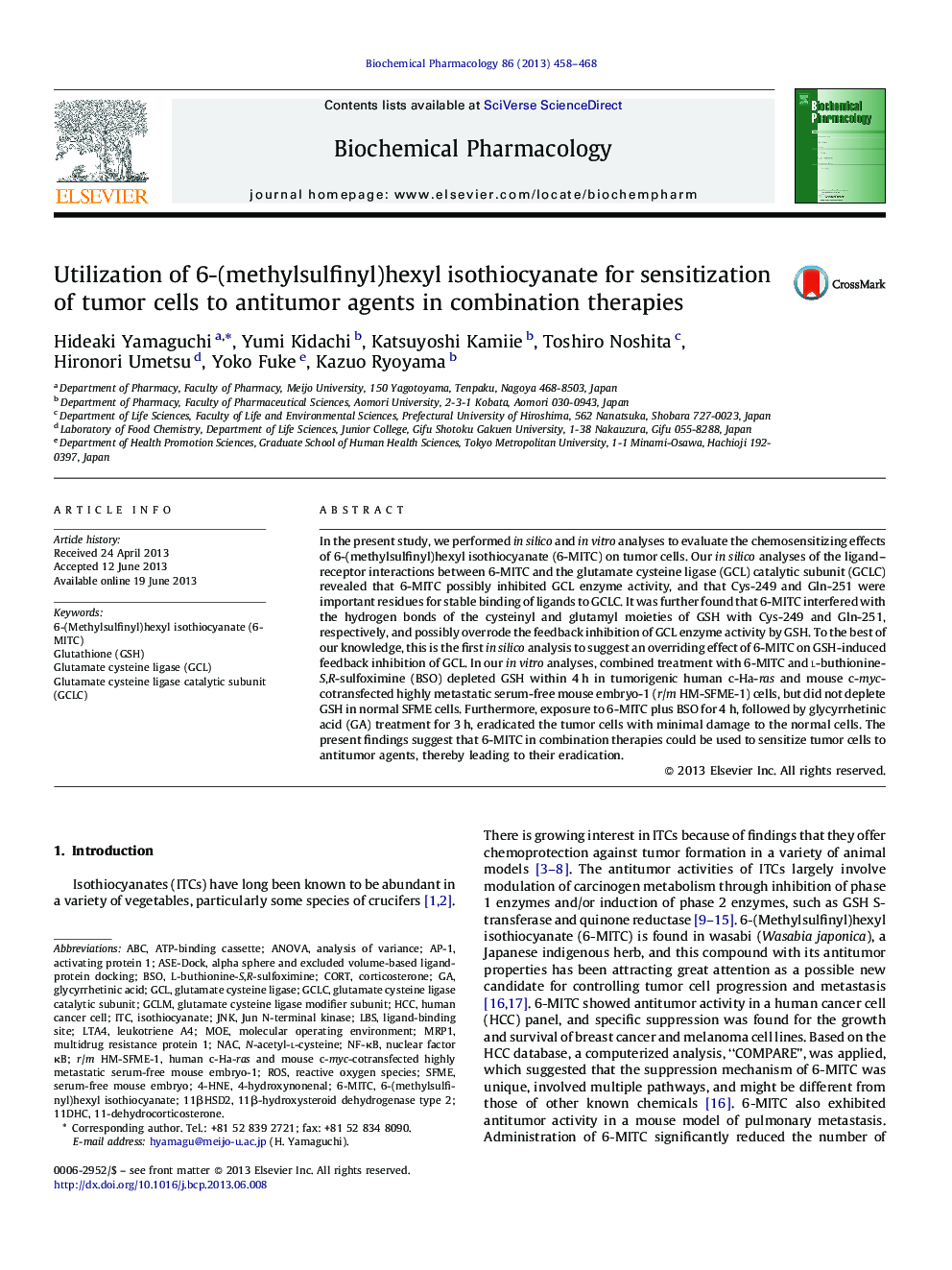 Utilization of 6-(methylsulfinyl)hexyl isothiocyanate for sensitization of tumor cells to antitumor agents in combination therapies