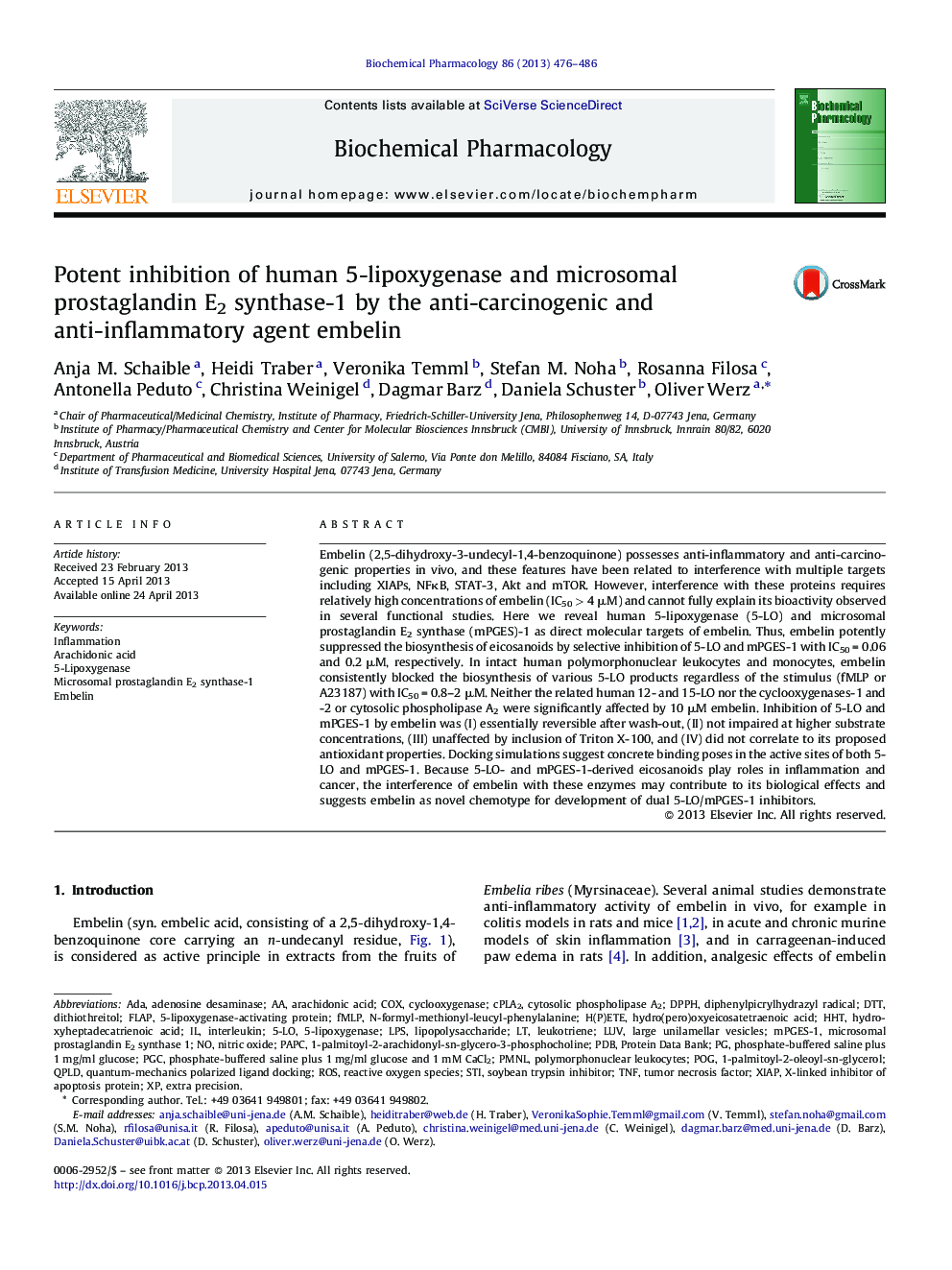 Potent inhibition of human 5-lipoxygenase and microsomal prostaglandin E2 synthase-1 by the anti-carcinogenic and anti-inflammatory agent embelin