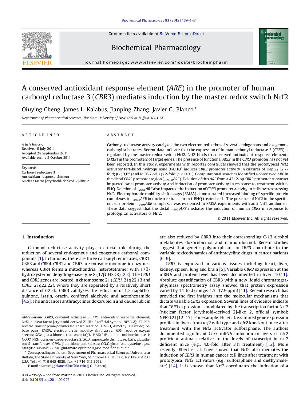 A conserved antioxidant response element (ARE) in the promoter of human carbonyl reductase 3 (CBR3) mediates induction by the master redox switch Nrf2