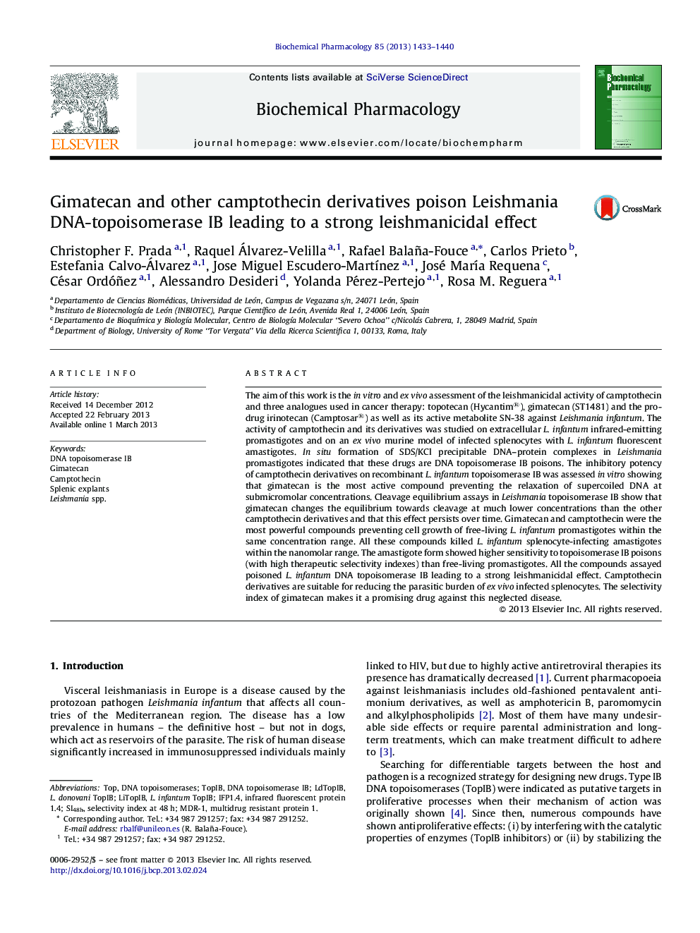 Gimatecan and other camptothecin derivatives poison Leishmania DNA-topoisomerase IB leading to a strong leishmanicidal effect