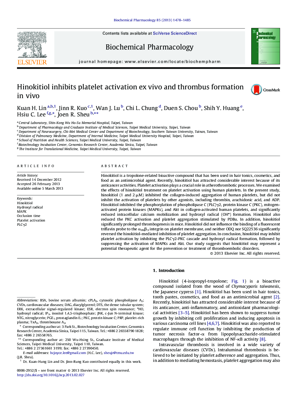 Hinokitiol inhibits platelet activation ex vivo and thrombus formation in vivo