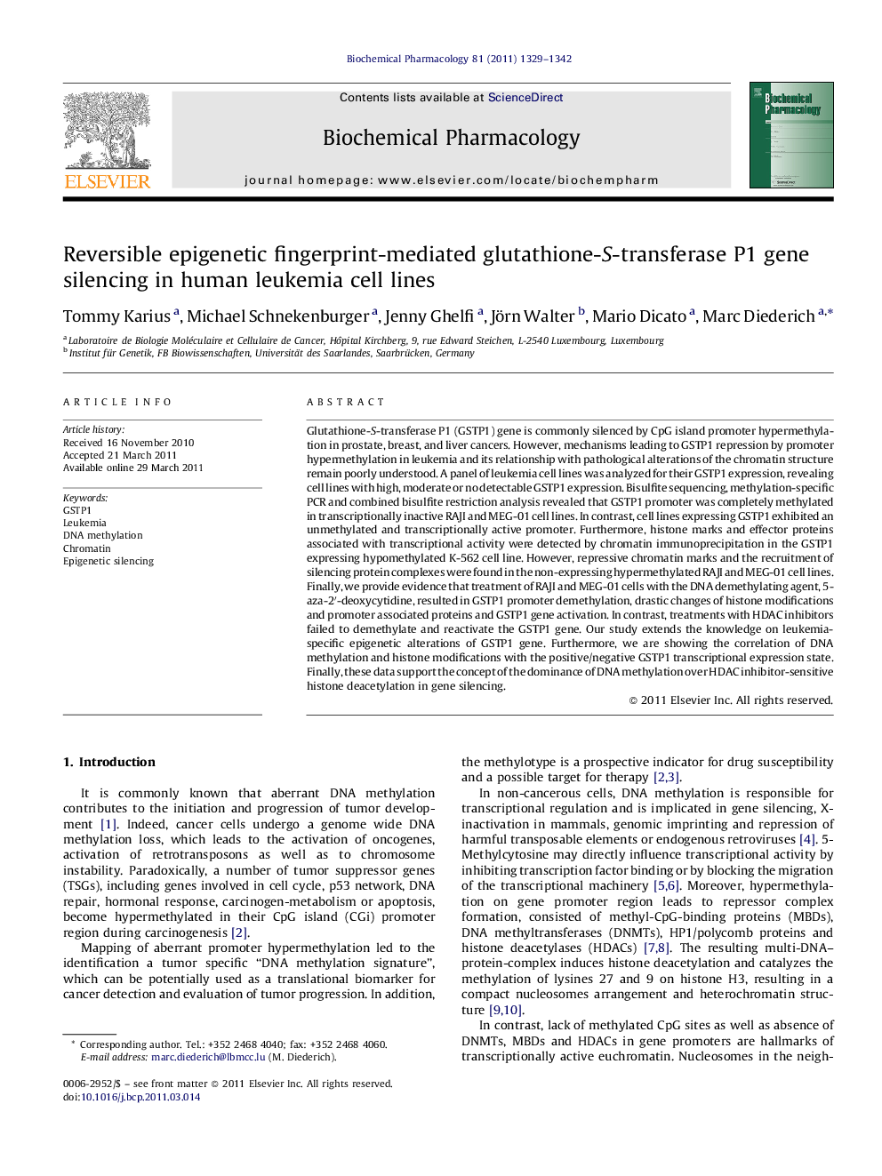 عکس صفحه اول مقاله: Reversible epigenetic fingerprint-mediated glutathione-S-transferase P1 gene silencing in human leukemia cell lines Reversible epigenetic fingerprint-mediated glutathione-S-transferase P1 gene silencing in human leukemia cell lines