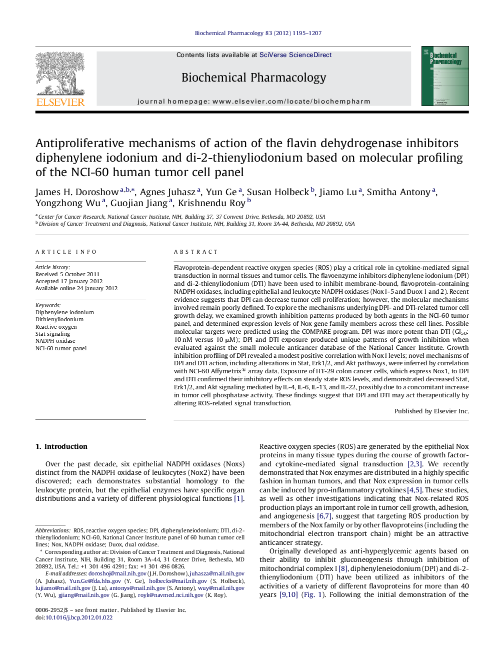 Antiproliferative mechanisms of action of the flavin dehydrogenase inhibitors diphenylene iodonium and di-2-thienyliodonium based on molecular profiling of the NCI-60 human tumor cell panel