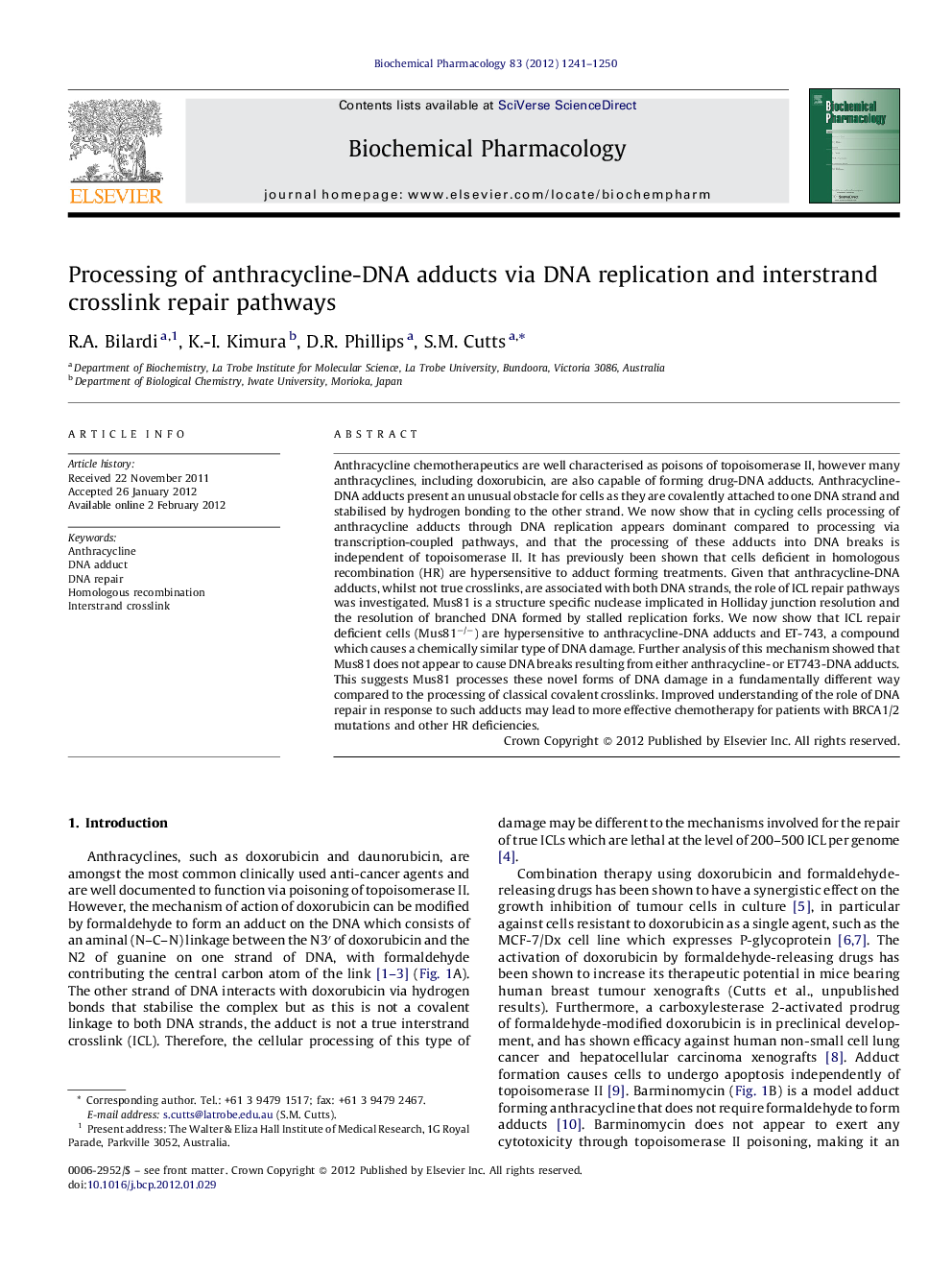 Processing of anthracycline-DNA adducts via DNA replication and interstrand crosslink repair pathways