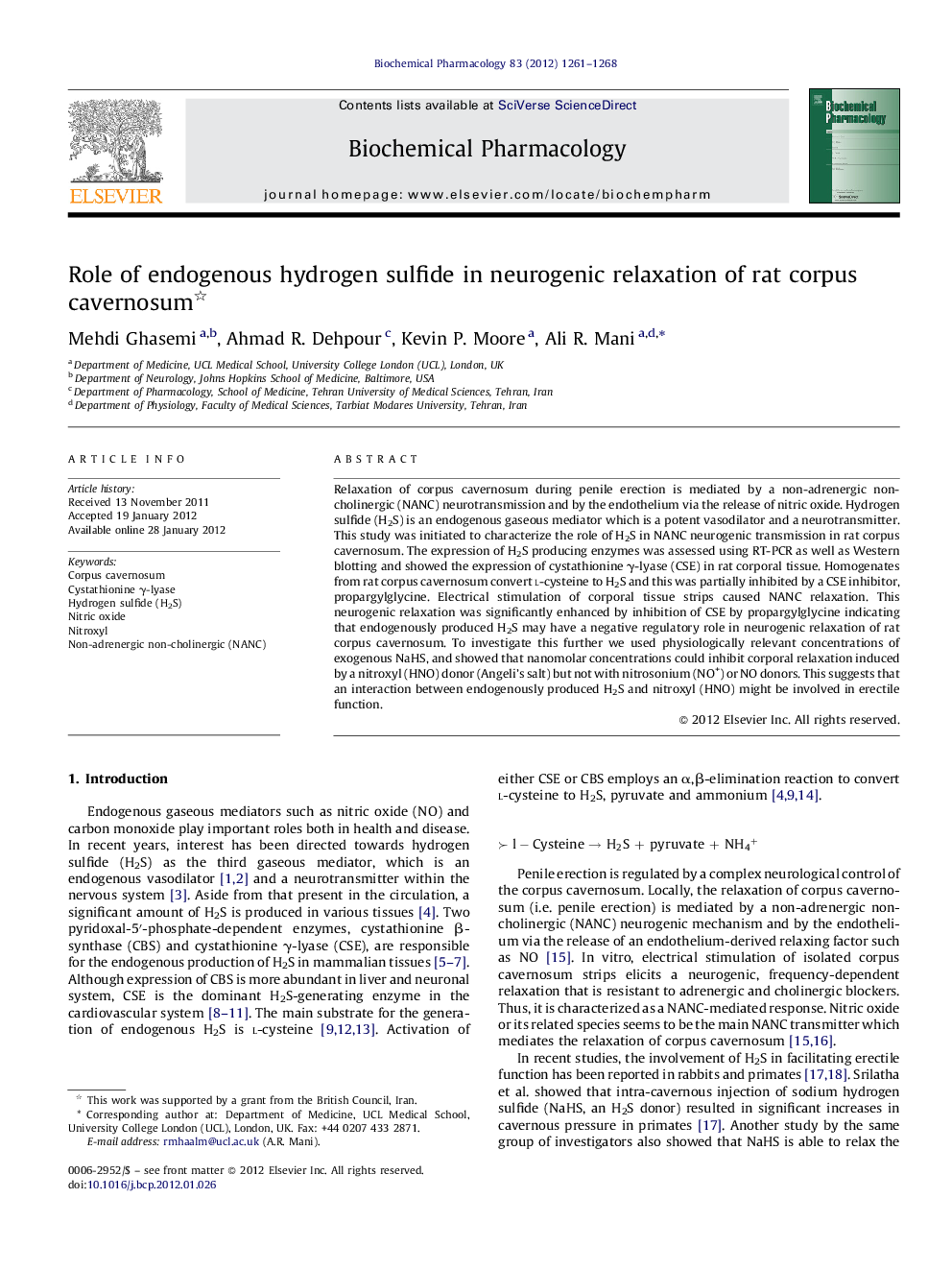 Role of endogenous hydrogen sulfide in neurogenic relaxation of rat corpus cavernosum 