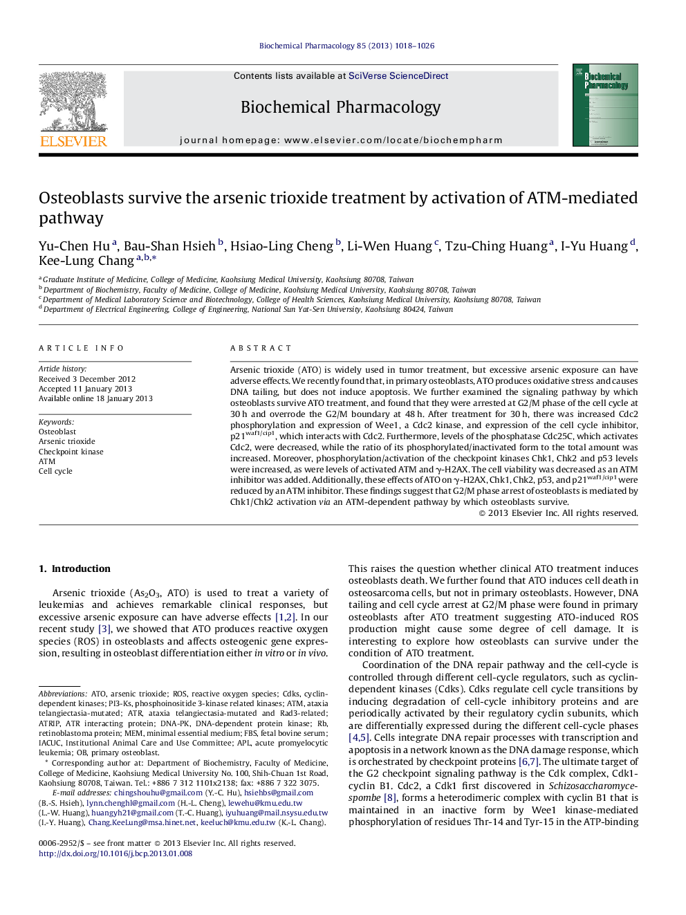 Osteoblasts survive the arsenic trioxide treatment by activation of ATM-mediated pathway