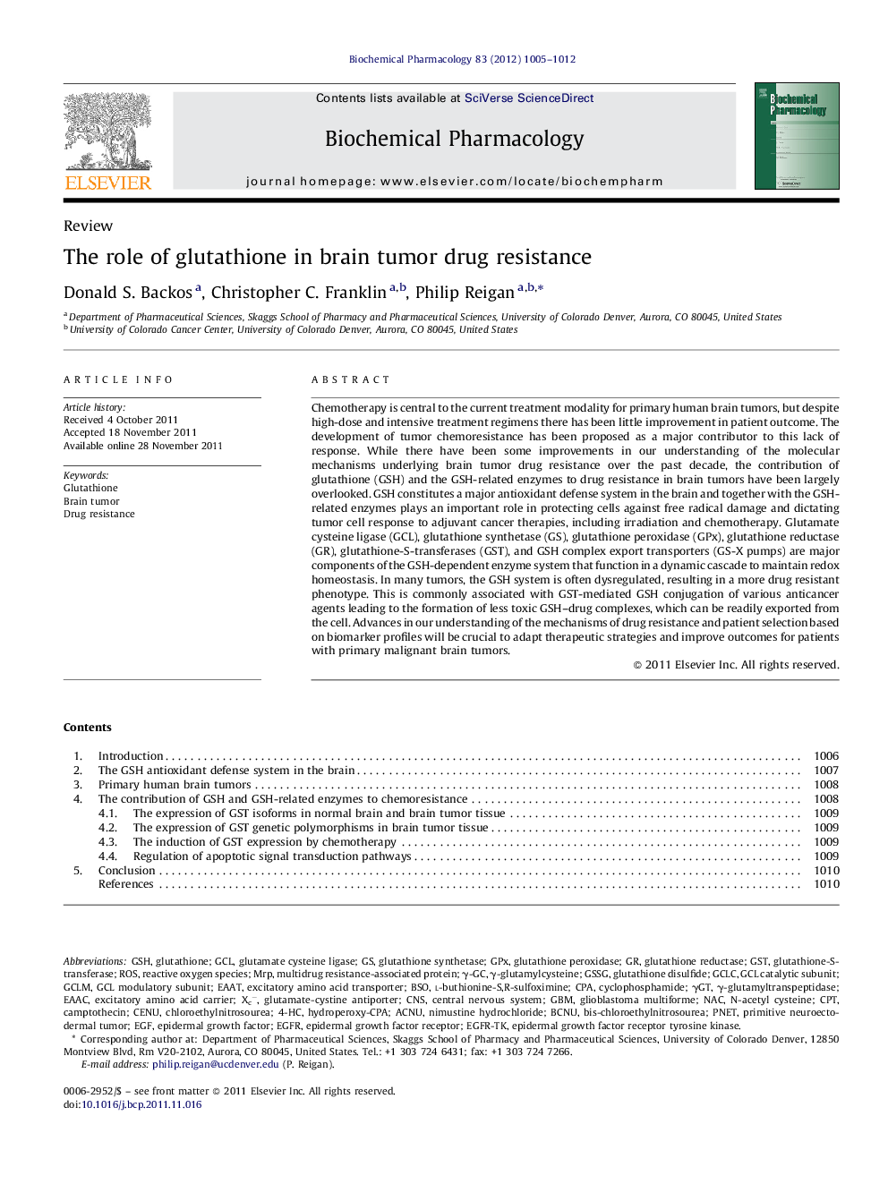 The role of glutathione in brain tumor drug resistance