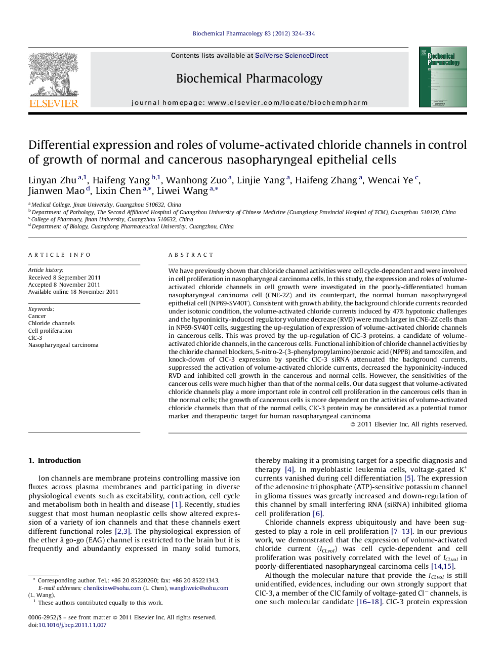 Differential expression and roles of volume-activated chloride channels in control of growth of normal and cancerous nasopharyngeal epithelial cells