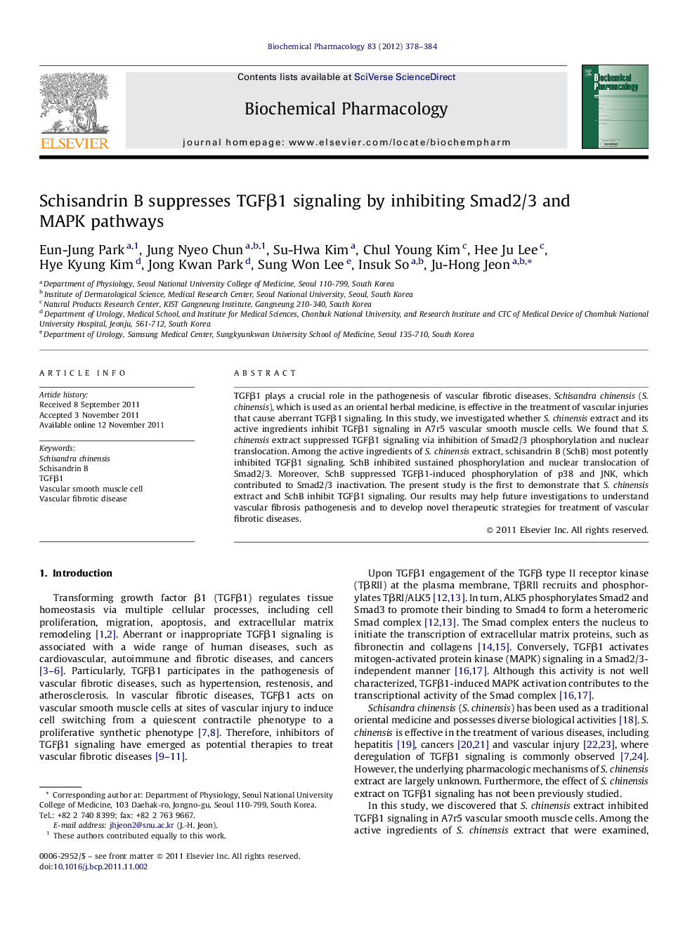 Schisandrin B suppresses TGFβ1 signaling by inhibiting Smad2/3 and MAPK pathways