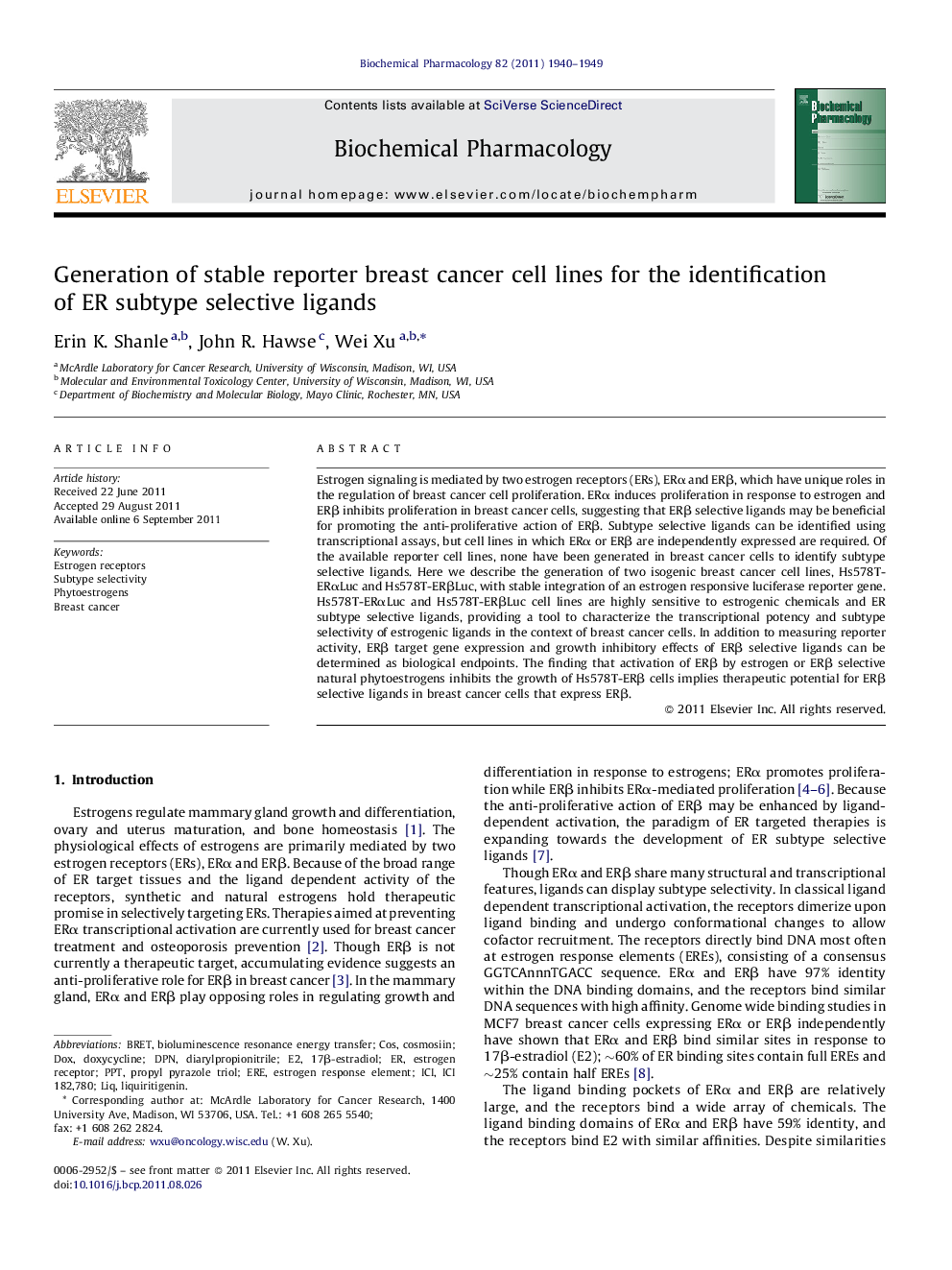 Generation of stable reporter breast cancer cell lines for the identification of ER subtype selective ligands