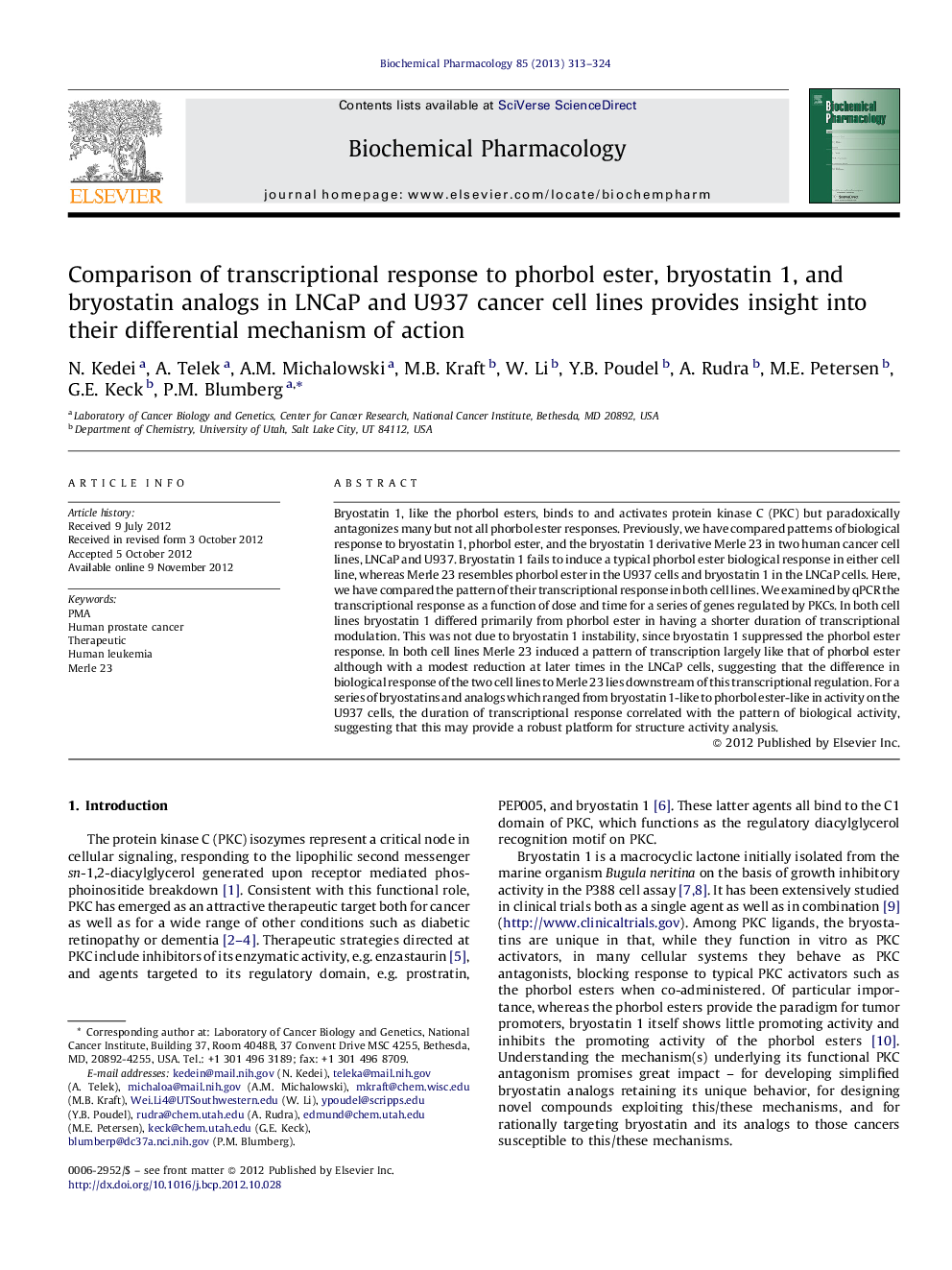 Comparison of transcriptional response to phorbol ester, bryostatin 1, and bryostatin analogs in LNCaP and U937 cancer cell lines provides insight into their differential mechanism of action