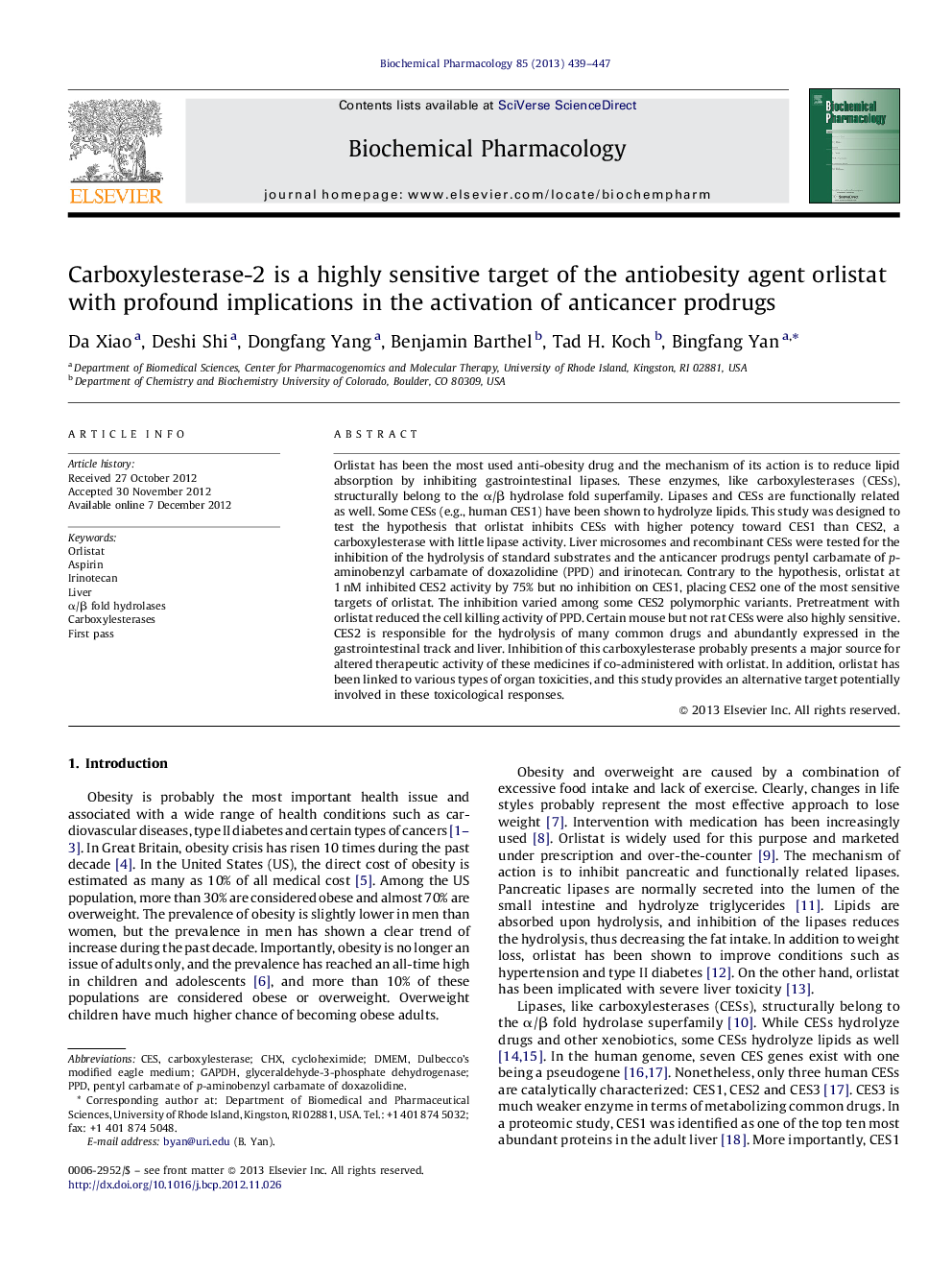 Carboxylesterase-2 is a highly sensitive target of the antiobesity agent orlistat with profound implications in the activation of anticancer prodrugs