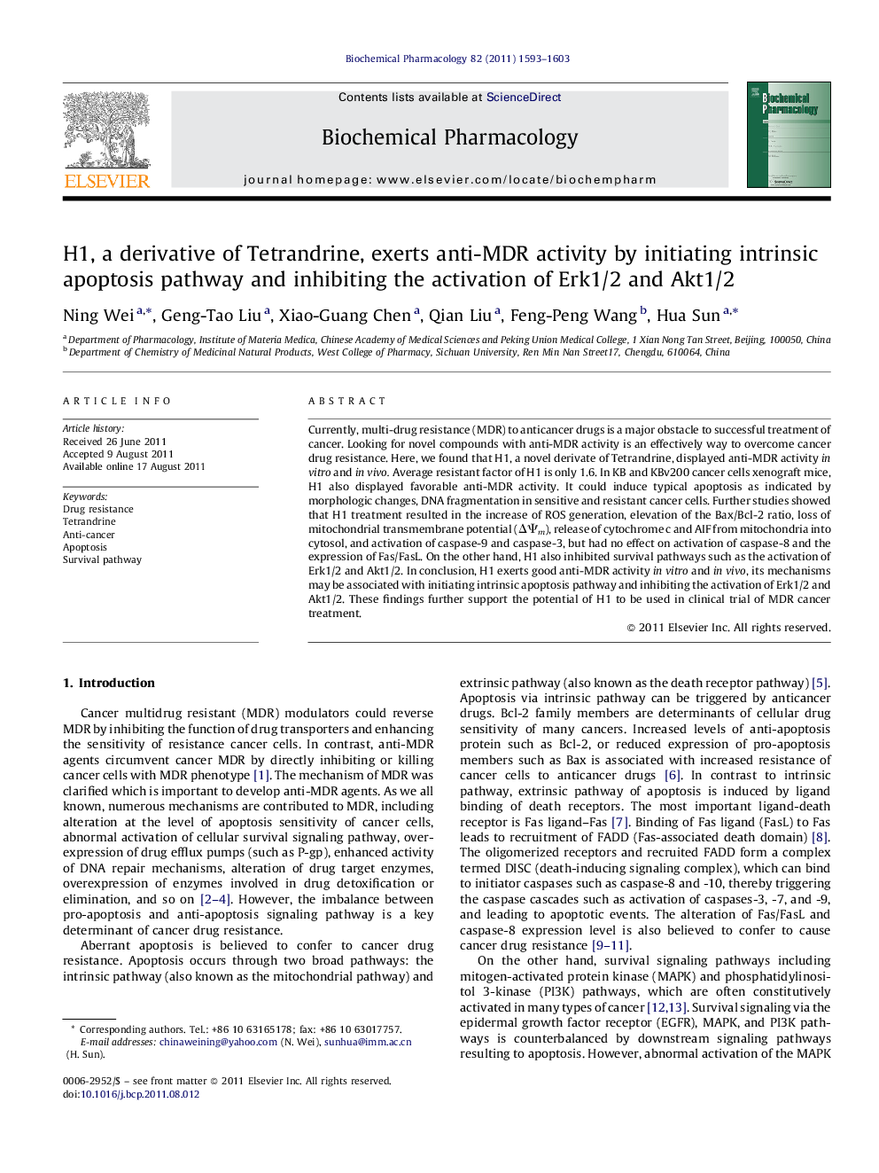 H1, a derivative of Tetrandrine, exerts anti-MDR activity by initiating intrinsic apoptosis pathway and inhibiting the activation of Erk1/2 and Akt1/2