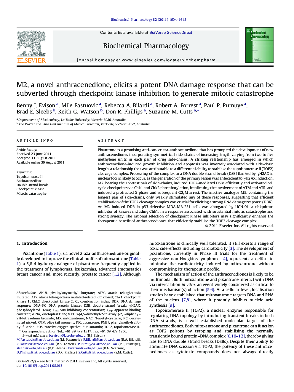 M2, a novel anthracenedione, elicits a potent DNA damage response that can be subverted through checkpoint kinase inhibition to generate mitotic catastrophe