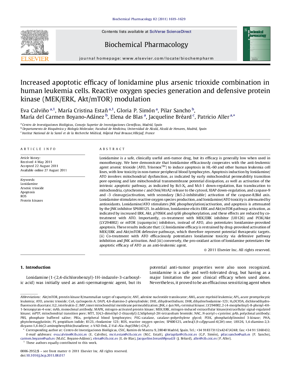 Increased apoptotic efficacy of lonidamine plus arsenic trioxide combination in human leukemia cells. Reactive oxygen species generation and defensive protein kinase (MEK/ERK, Akt/mTOR) modulation