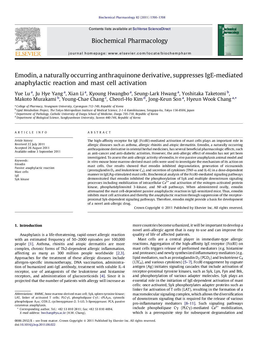 Emodin, a naturally occurring anthraquinone derivative, suppresses IgE-mediated anaphylactic reaction and mast cell activation