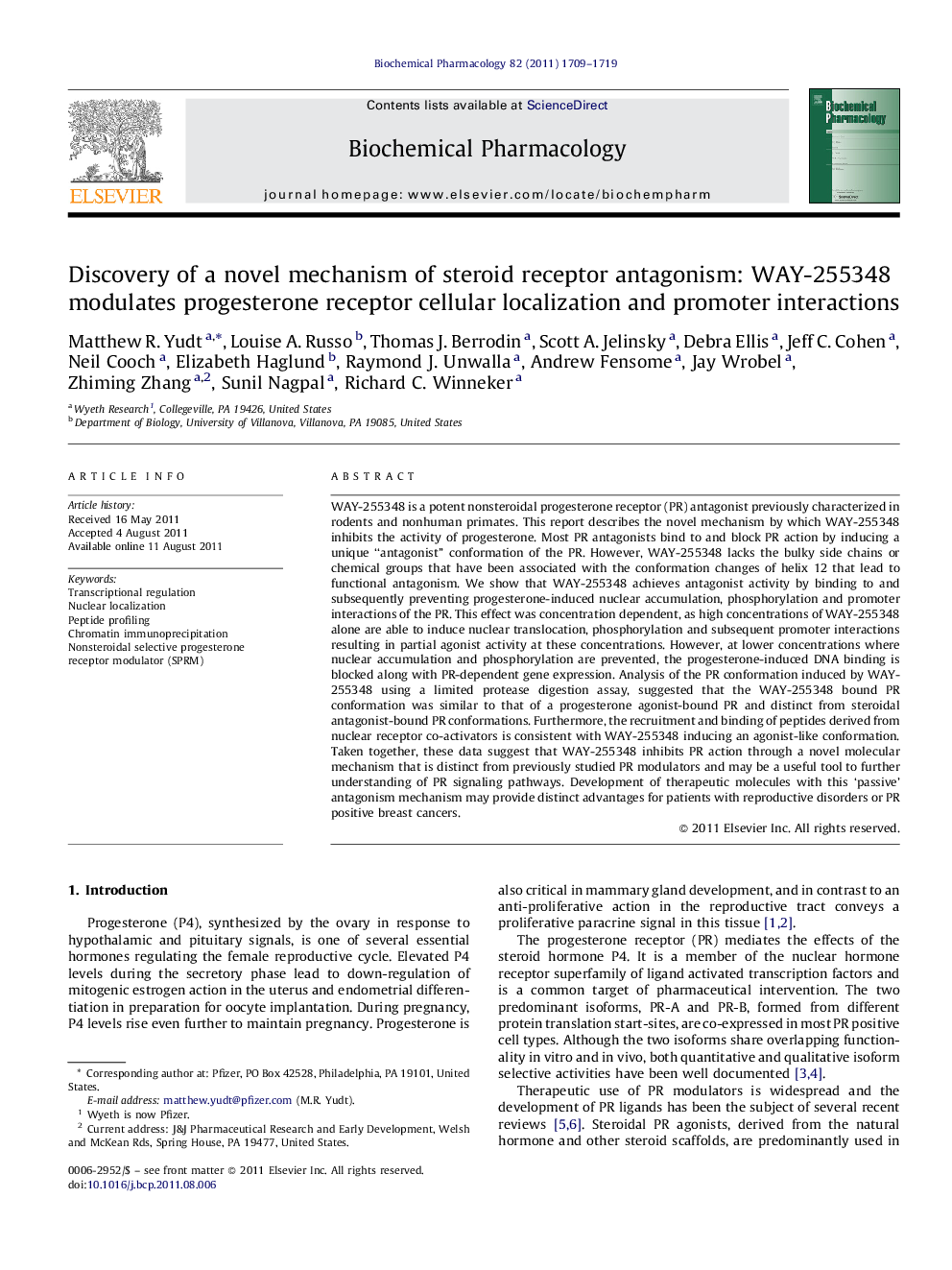 Discovery of a novel mechanism of steroid receptor antagonism: WAY-255348 modulates progesterone receptor cellular localization and promoter interactions