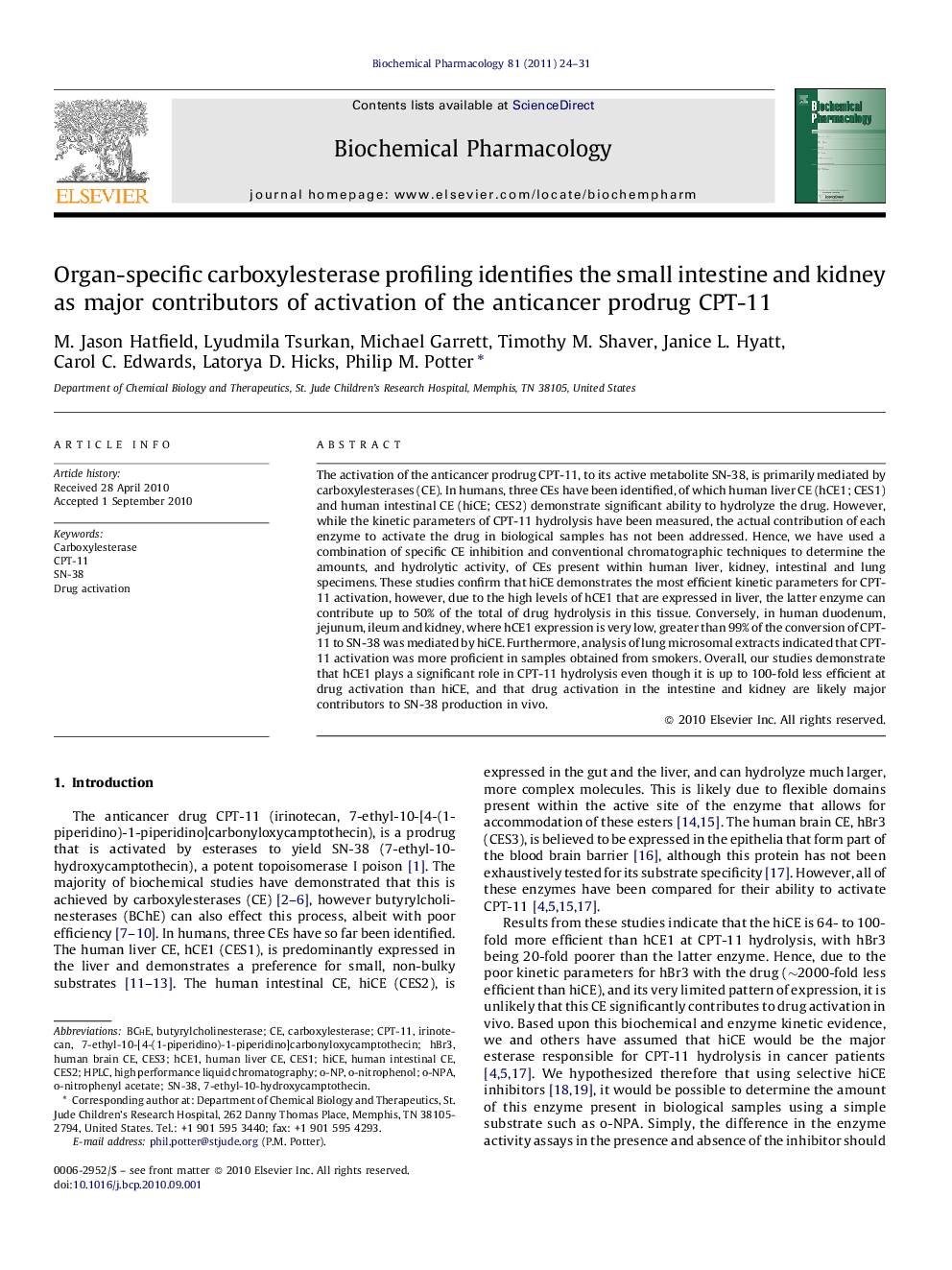 Organ-specific carboxylesterase profiling identifies the small intestine and kidney as major contributors of activation of the anticancer prodrug CPT-11