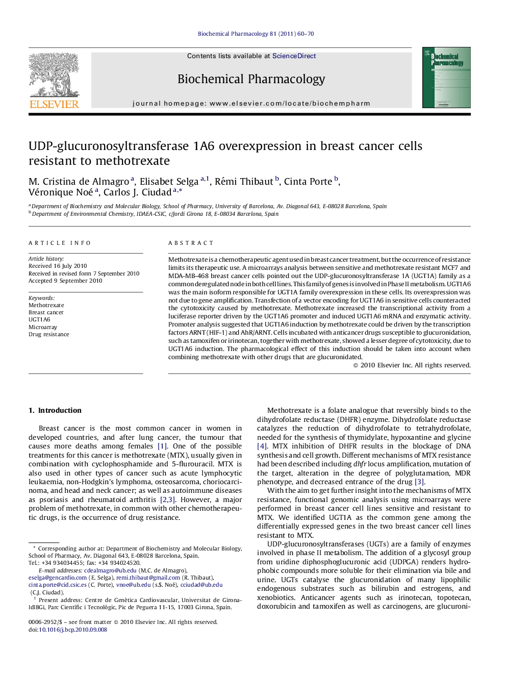 UDP-glucuronosyltransferase 1A6 overexpression in breast cancer cells resistant to methotrexate