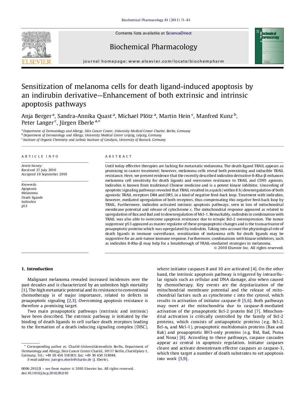 Sensitization of melanoma cells for death ligand-induced apoptosis by an indirubin derivative—Enhancement of both extrinsic and intrinsic apoptosis pathways