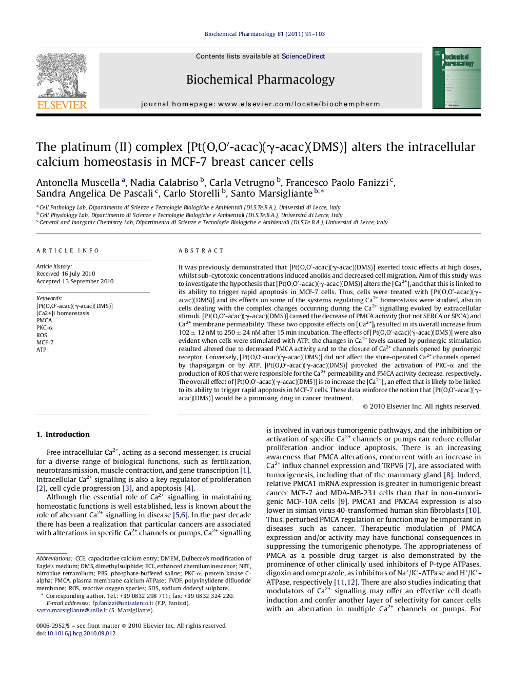 The platinum (II) complex [Pt(O,O′-acac)(γ-acac)(DMS)] alters the intracellular calcium homeostasis in MCF-7 breast cancer cells