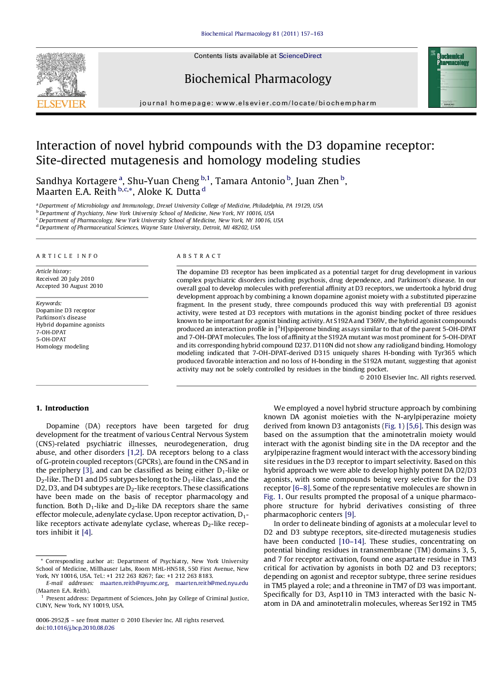 Interaction of novel hybrid compounds with the D3 dopamine receptor: Site-directed mutagenesis and homology modeling studies