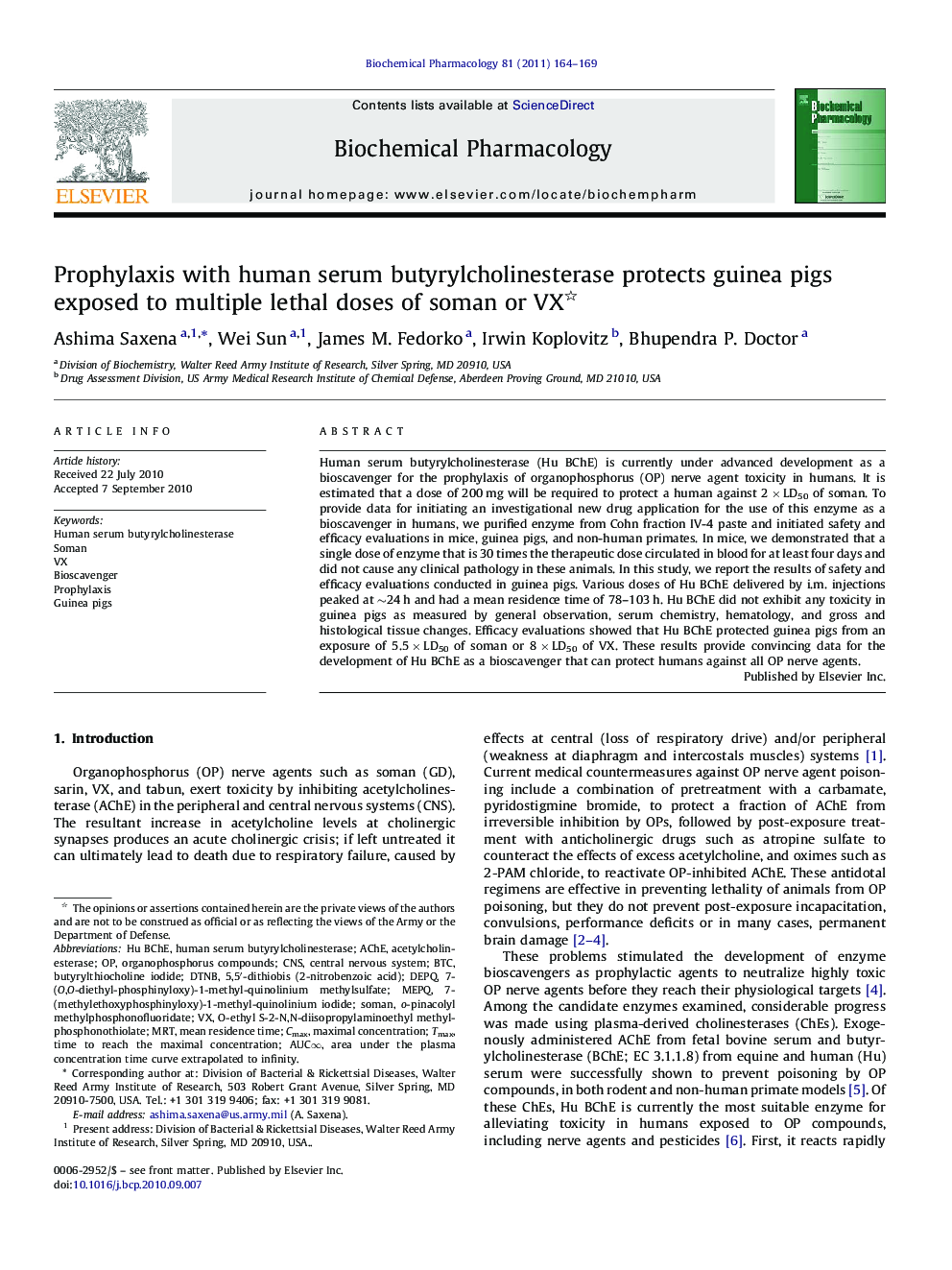 Prophylaxis with human serum butyrylcholinesterase protects guinea pigs exposed to multiple lethal doses of soman or VX 