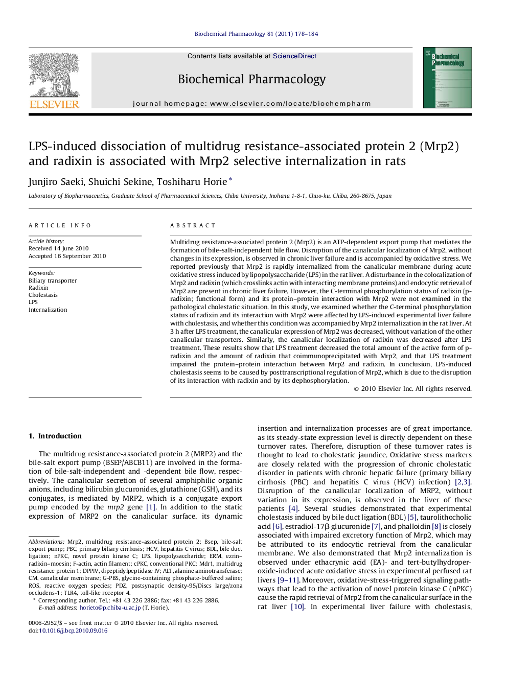 LPS-induced dissociation of multidrug resistance-associated protein 2 (Mrp2) and radixin is associated with Mrp2 selective internalization in rats