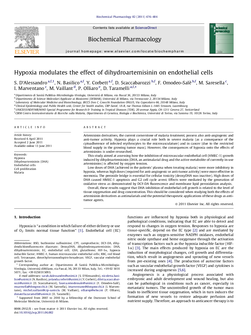 Hypoxia modulates the effect of dihydroartemisinin on endothelial cells