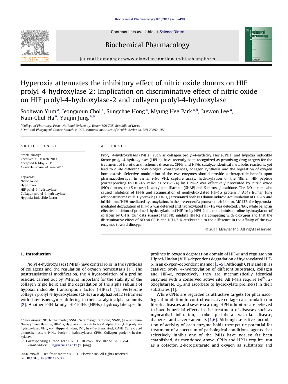 Hyperoxia attenuates the inhibitory effect of nitric oxide donors on HIF prolyl-4-hydroxylase-2: Implication on discriminative effect of nitric oxide on HIF prolyl-4-hydroxylase-2 and collagen prolyl-4-hydroxylase