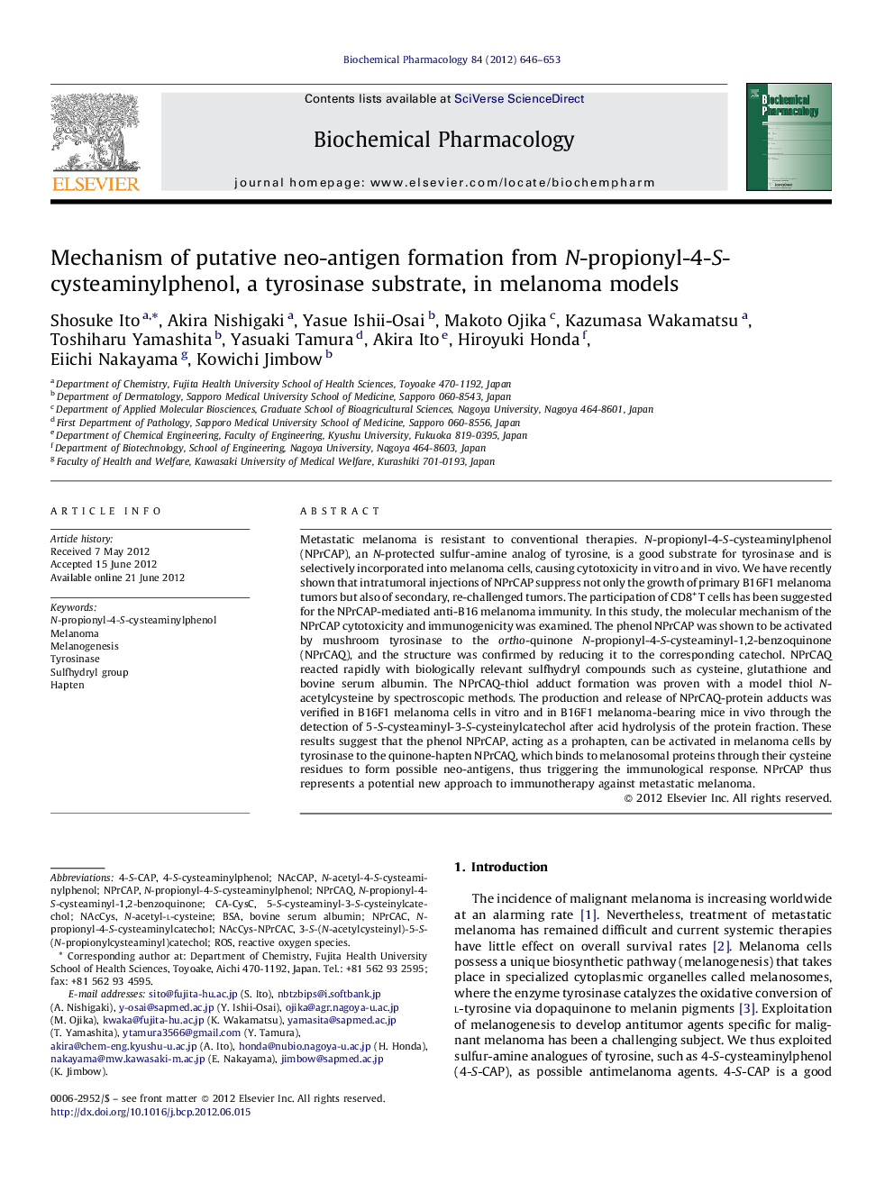 عکس صفحه اول مقاله: Mechanism of putative neo-antigen formation from N-propionyl-4-S-cysteaminylphenol, a tyrosinase substrate, in melanoma models Mechanism of putative neo-antigen formation from N-propionyl-4-S-cysteaminylphenol, a tyrosinase substrate, in melanoma models