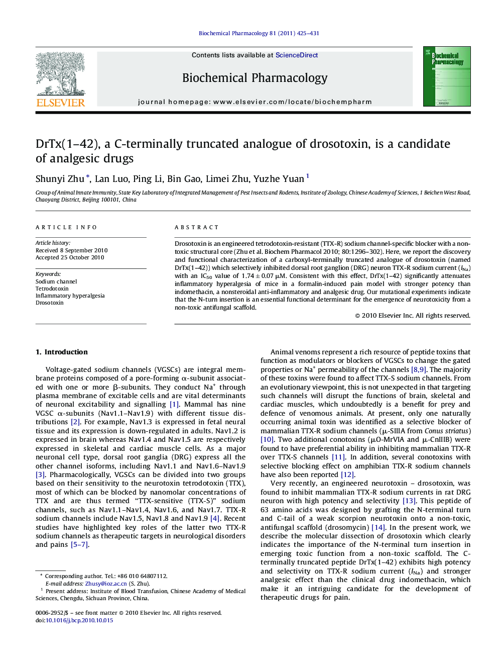 DrTx(1–42), a C-terminally truncated analogue of drosotoxin, is a candidate of analgesic drugs