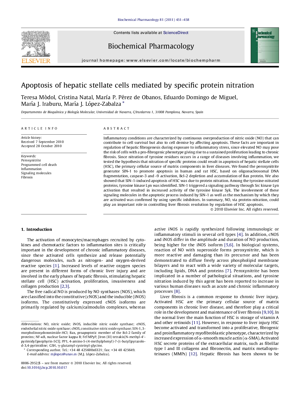 Apoptosis of hepatic stellate cells mediated by specific protein nitration