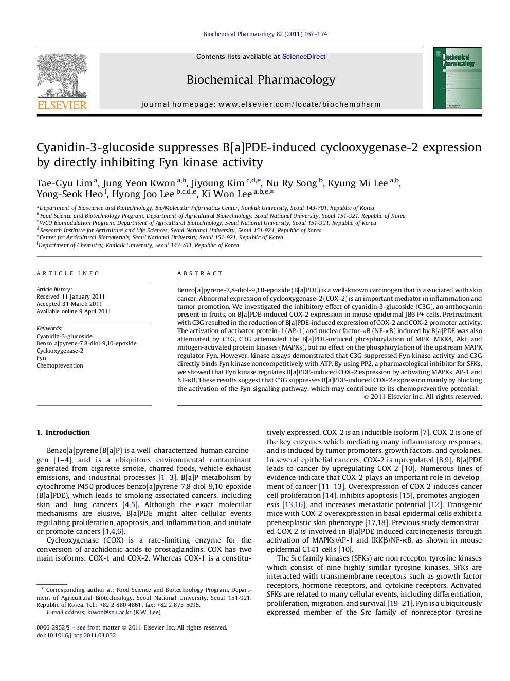 Cyanidin-3-glucoside suppresses B[a]PDE-induced cyclooxygenase-2 expression by directly inhibiting Fyn kinase activity