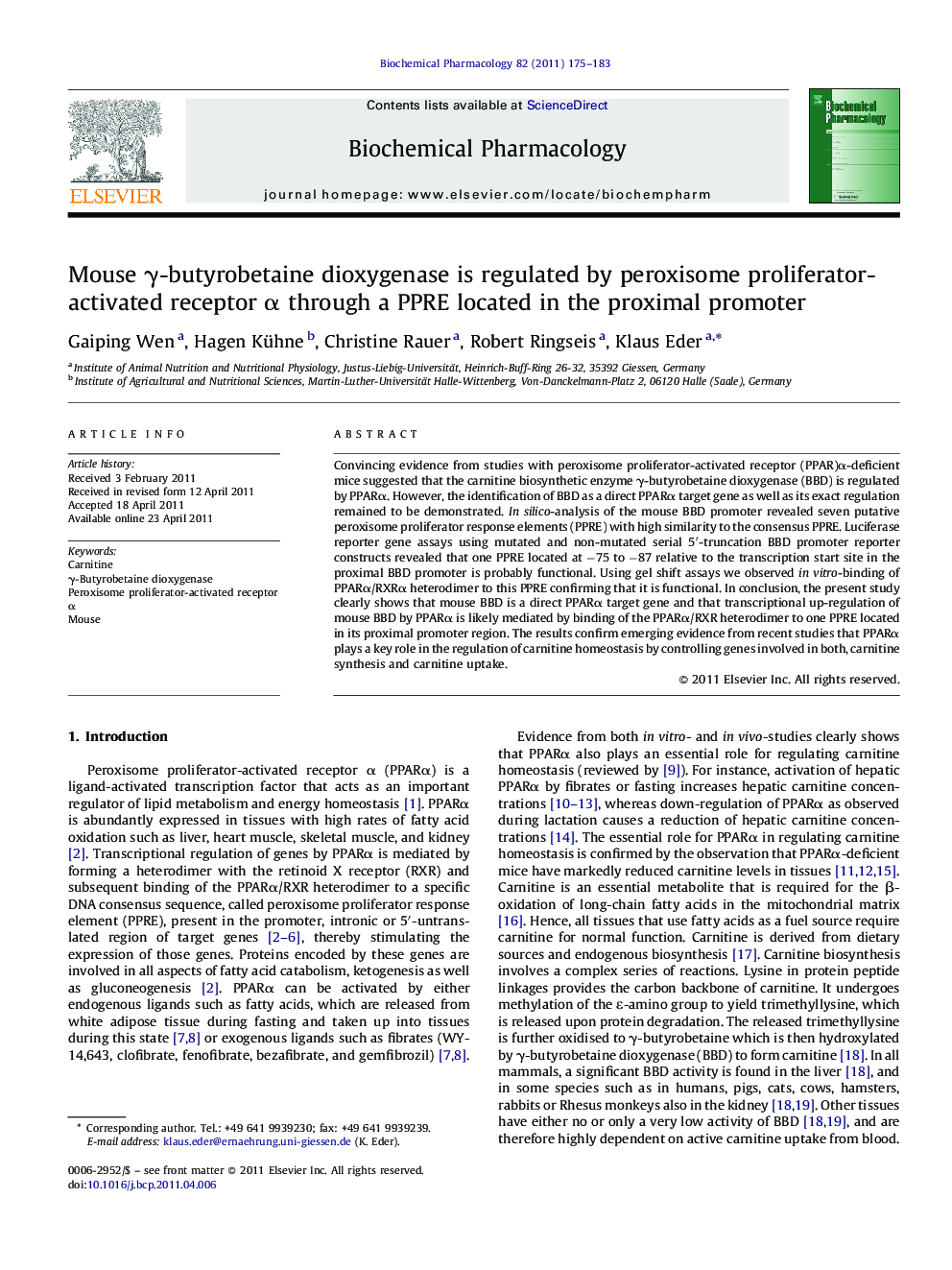 Mouse γ-butyrobetaine dioxygenase is regulated by peroxisome proliferator-activated receptor α through a PPRE located in the proximal promoter