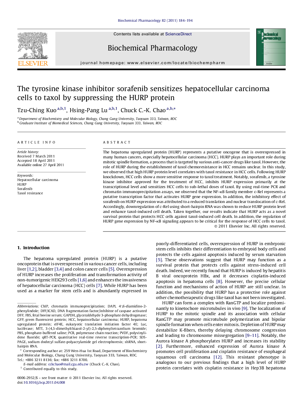 The tyrosine kinase inhibitor sorafenib sensitizes hepatocellular carcinoma cells to taxol by suppressing the HURP protein