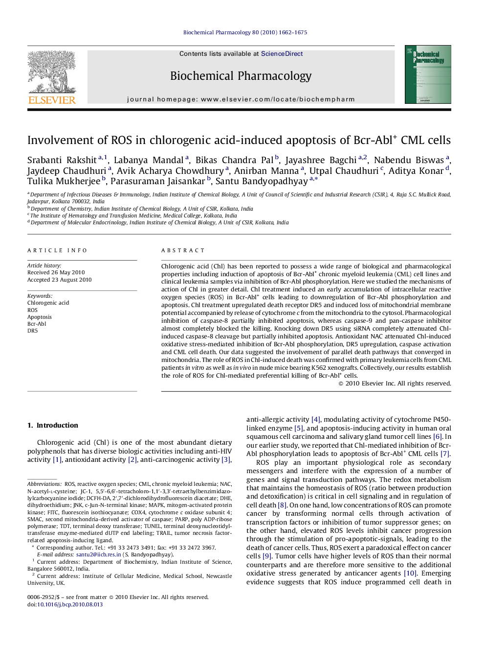 Involvement of ROS in chlorogenic acid-induced apoptosis of Bcr-Abl+ CML cells