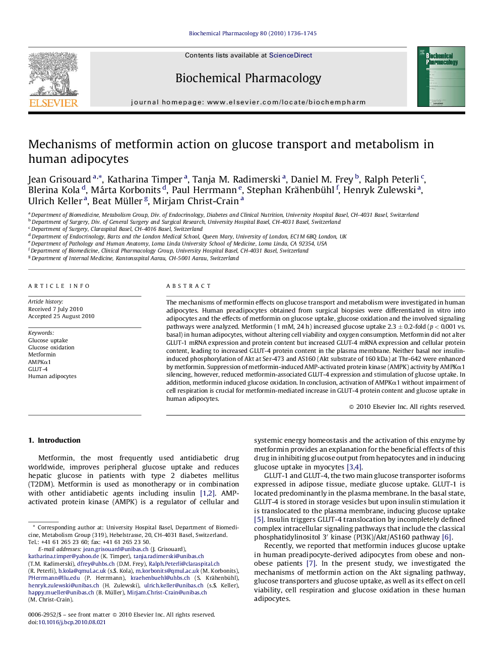 Mechanisms of metformin action on glucose transport and metabolism in human adipocytes