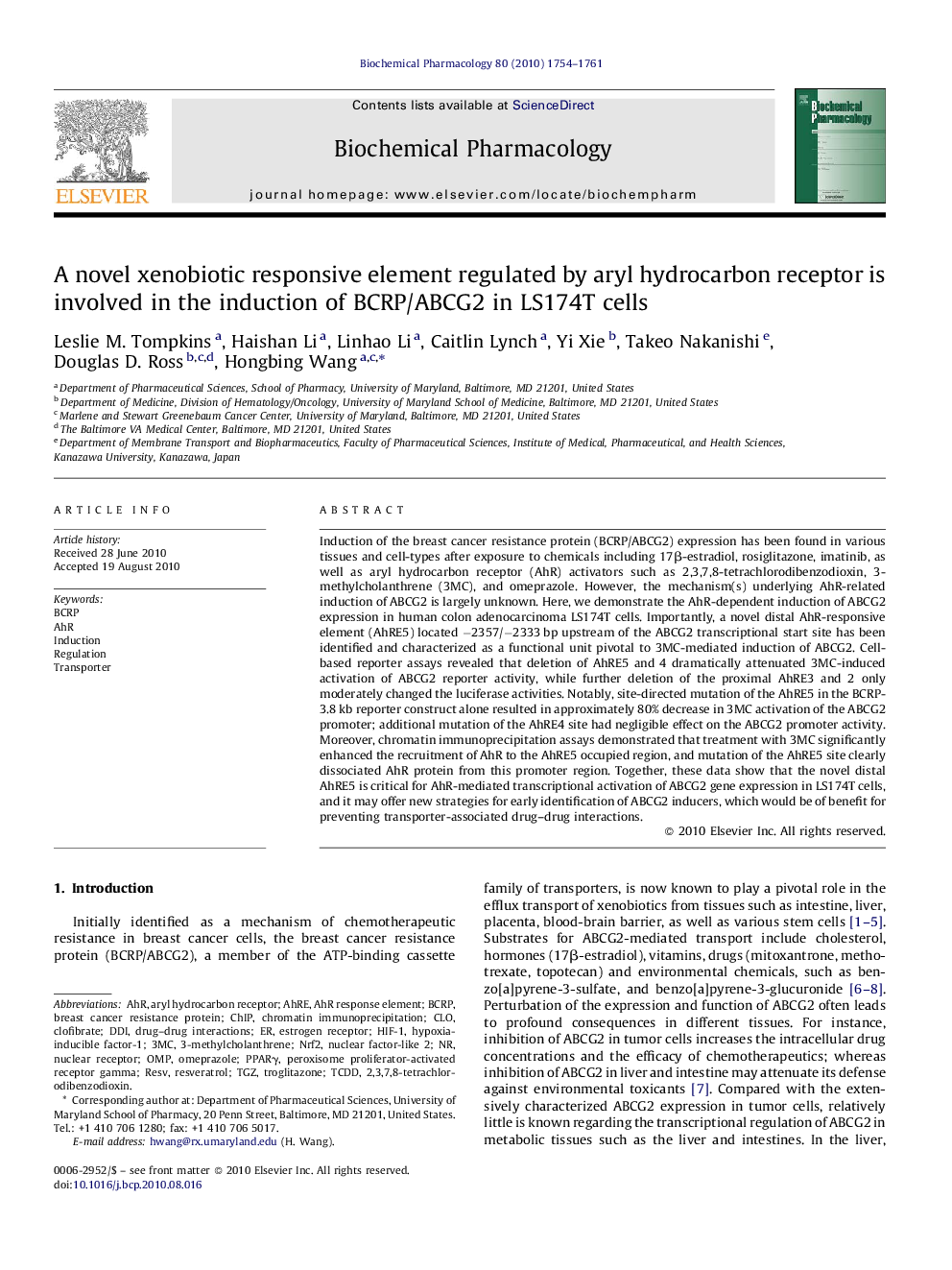 A novel xenobiotic responsive element regulated by aryl hydrocarbon receptor is involved in the induction of BCRP/ABCG2 in LS174T cells