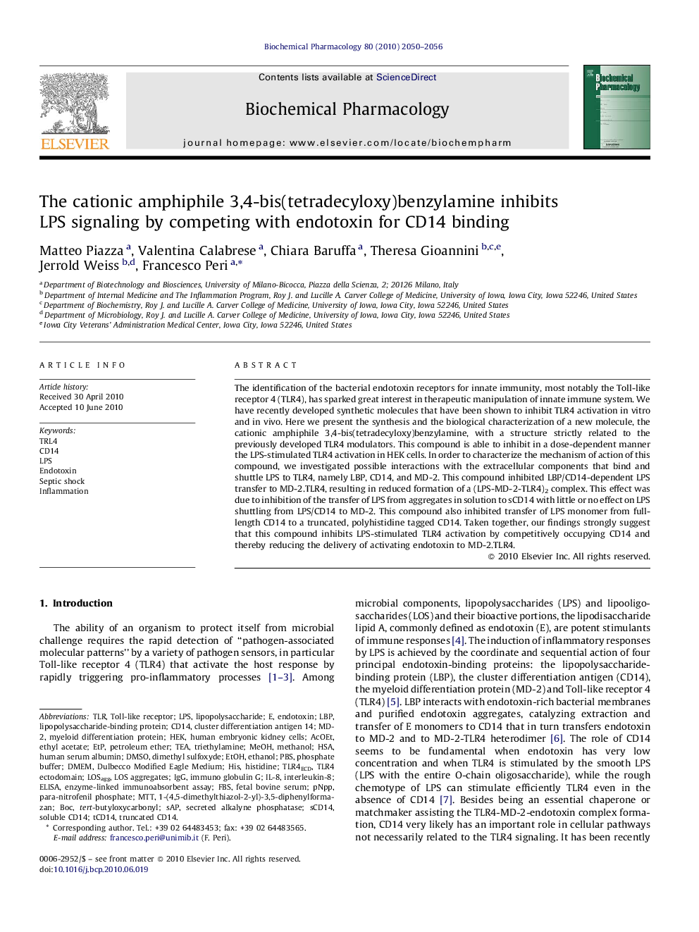 The cationic amphiphile 3,4-bis(tetradecyloxy)benzylamine inhibits LPS signaling by competing with endotoxin for CD14 binding