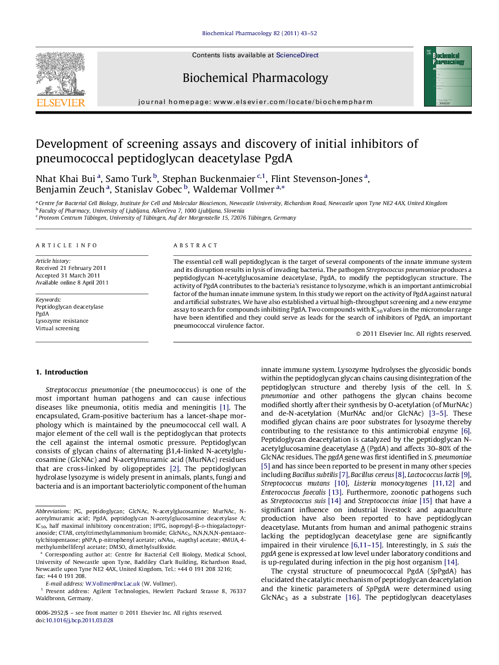 Development of screening assays and discovery of initial inhibitors of pneumococcal peptidoglycan deacetylase PgdA