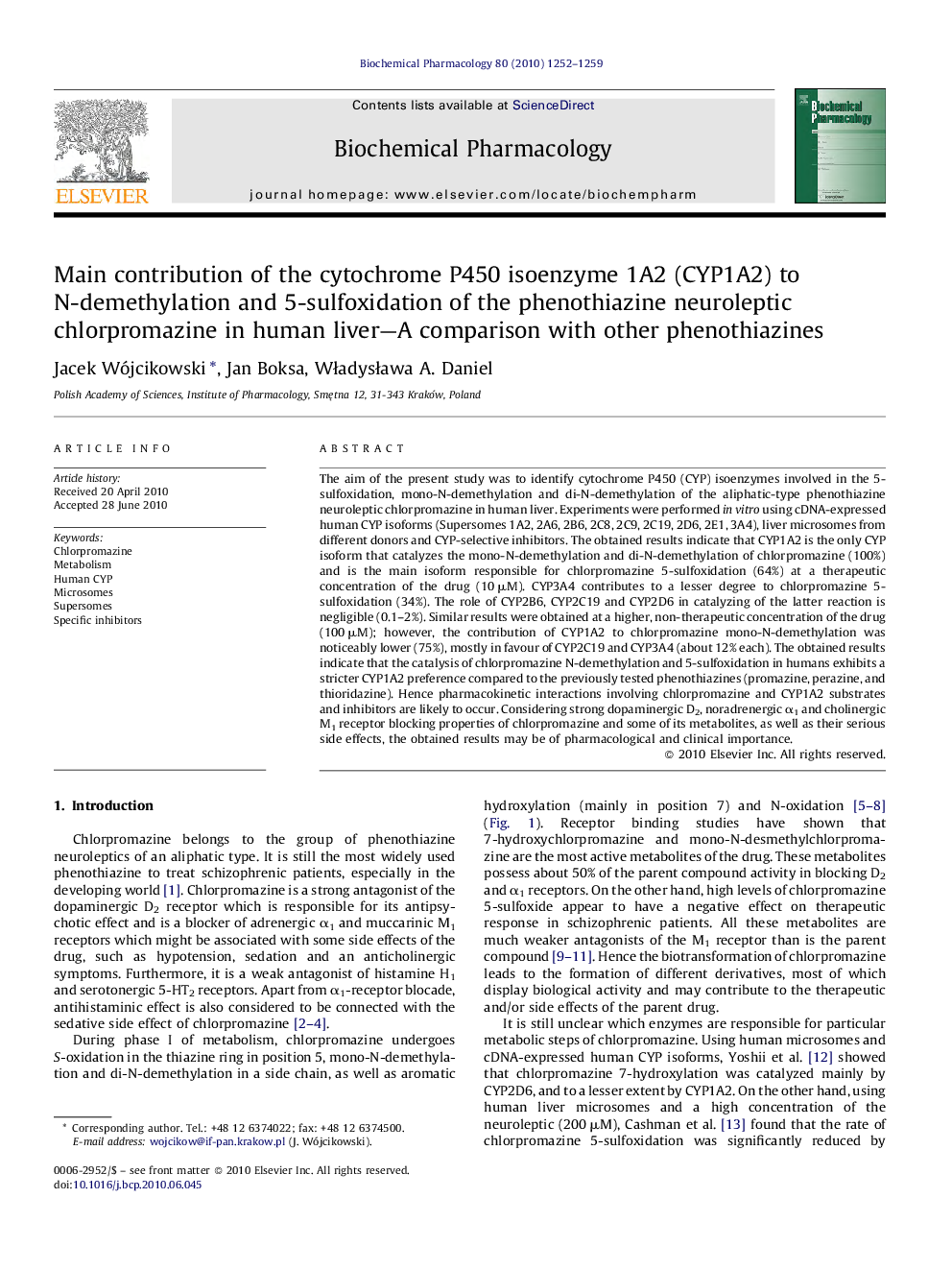 Main contribution of the cytochrome P450 isoenzyme 1A2 (CYP1A2) to N-demethylation and 5-sulfoxidation of the phenothiazine neuroleptic chlorpromazine in human liver—A comparison with other phenothiazines