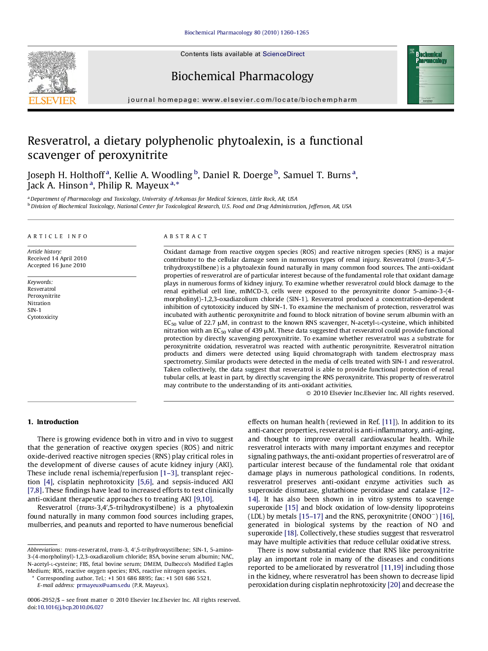 Resveratrol, a dietary polyphenolic phytoalexin, is a functional scavenger of peroxynitrite