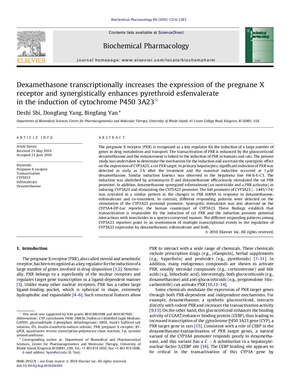 Dexamethasone transcriptionally increases the expression of the pregnane X receptor and synergistically enhances pyrethroid esfenvalerate in the induction of cytochrome P450 3A23 