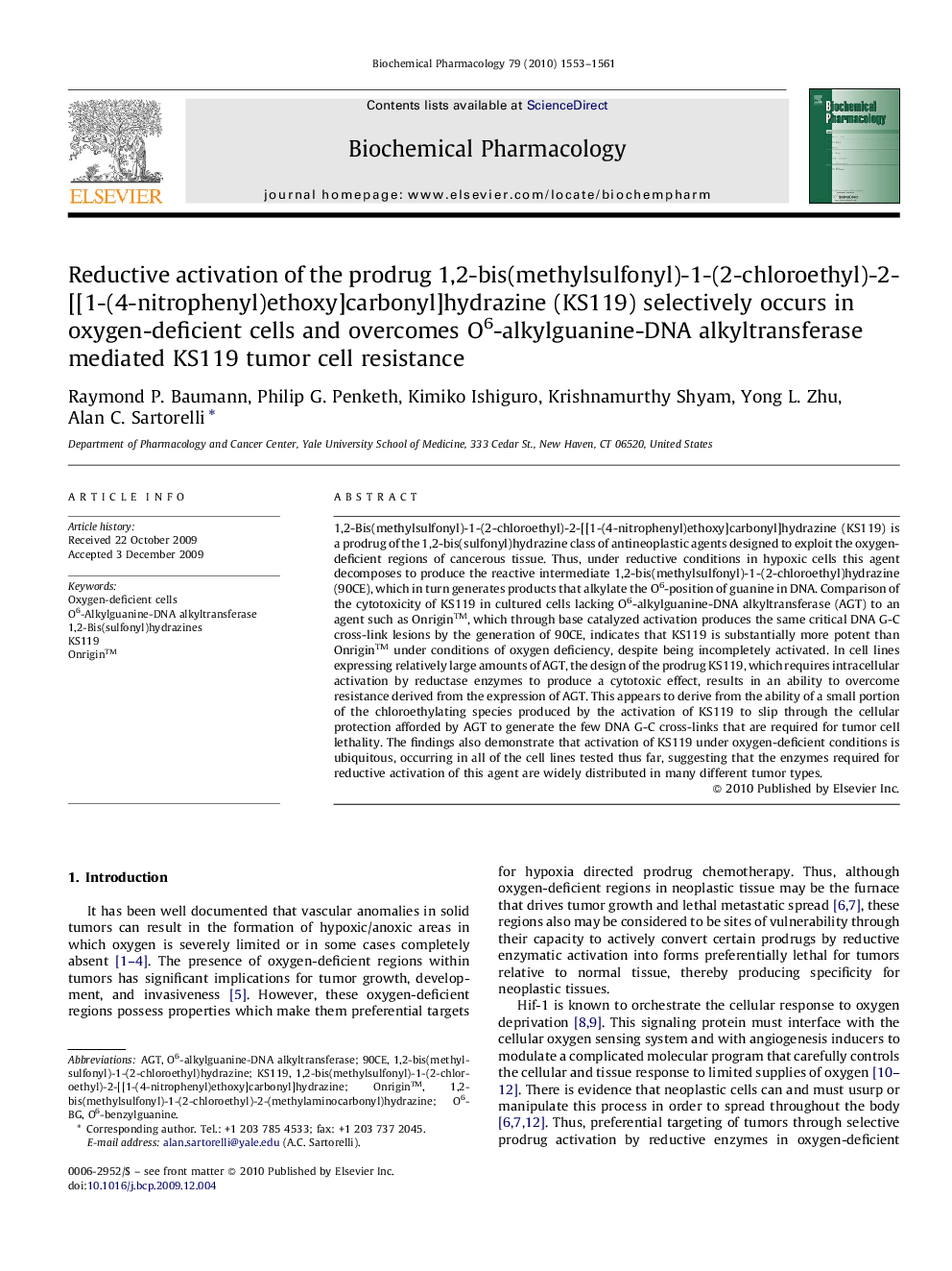 Reductive activation of the prodrug 1,2-bis(methylsulfonyl)-1-(2-chloroethyl)-2-[[1-(4-nitrophenyl)ethoxy]carbonyl]hydrazine (KS119) selectively occurs in oxygen-deficient cells and overcomes O6-alkylguanine-DNA alkyltransferase mediated KS119 tumor cell 